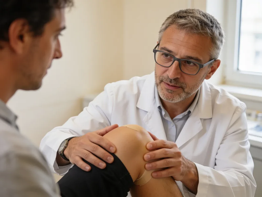 Il Dott. Moretti visita il ginocchio di un paziente in ambulatorio